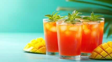 Refreshing tropical drinks with mango bright setting beverage photography relaxing atmosphere close-up view