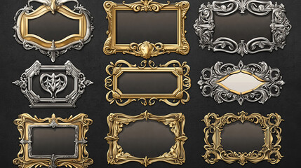 Set of square golden and silver ui game frames with cast metal decoration. Vector illustration of shiny yellow and grey vintage borders isolated on background. Medieval style gui elements bundle
