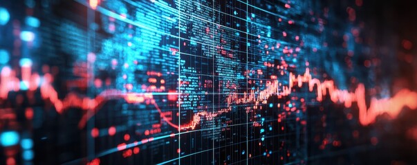 Naklejka premium A vibrant digital representation of data trends, featuring blue and red graphs overlaid on dark grids, exemplifying technology and data analysis.