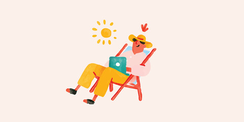Naklejka premium A relaxed individual wearing sunglasses and a hat is immersed in work while reclining on a beach chair, with a laptop in hand, basking in the sun's warmth.