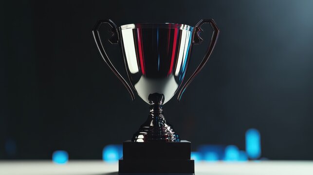 A sleek trophy with polished surfaces reflects colorful lights as it sits prominently on a pedestal in a dark setting. The backdrop hints at a vibrant competitive atmosphere, showcasing achievement