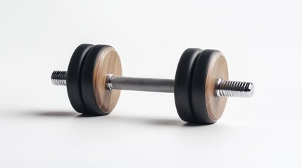 Fototapeta premium A dumbbell with wooden and black rubber ends rests on a plain surface, showcasing its design ideal for strength training and home workout routines. Perfect for fitness enthusiasts