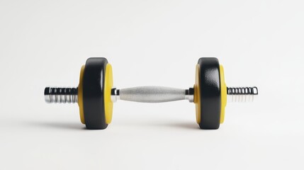 Fototapeta premium A dumbbell featuring yellow weight plates is positioned on a clean white surface, making it ideal for workout routines or strength training exercises at home or a gym