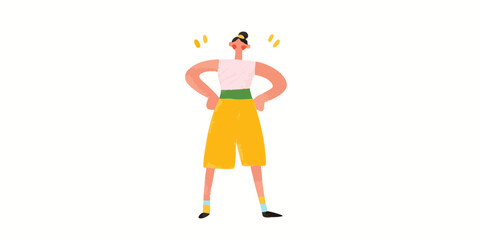 A vibrant illustration portrays a confident woman. She is standing with her hands on her hips, her demeanor exuding strength and self-assurance. 