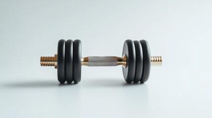 A black dumbbell with gold accents rests horizontally on a light-colored surface. Its sturdy design reflects a commitment to strength training and physical fitness