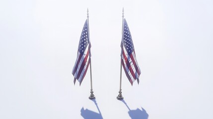 Two American Flags Waving on Flagpoles Isolated on White