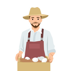 Farmer in a hat and apron holds a box filled with fresh eggs, Agricultural work and food production. Flat vector illustration isolated on white background
