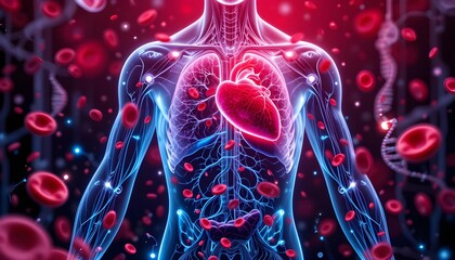 Futuristic Medical Illustration of Human Circulatory System with Red Blood Cells and DNA