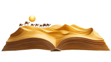 Desert Storybook Illustration &ndash; Caravan of Camels Crossing Sand Dunes Formed by an Open Book