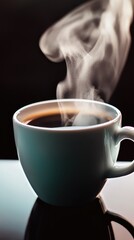 A steaming cup of coffee sits on a table, radiating warmth in a cozy indoor environment. The rich aroma fills the air, inviting relaxation and comfort during the early hours of the day