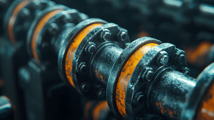 Obraz premium Close-up of industrial machinery showing interconnected metal components with orange accents, emphasizing details and texture.
