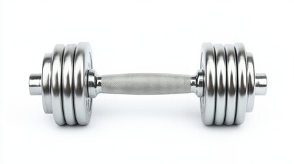 Naklejka premium A silver dumbbell rests on a plain white surface, highlighting its shiny metal finish and textured grip. Ideal for strength training and fitness routines