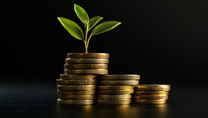 A portrait of a stack of golden coins with a growing plant on top, isolated against a black background.