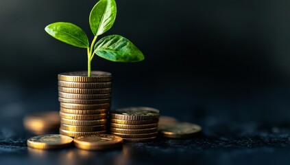 A portrait of a stack of golden coins with a growing plant on top, isolated against a black background.