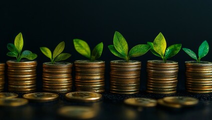 A portrait of a stack of golden coins with a growing plant on top, isolated against a black background.