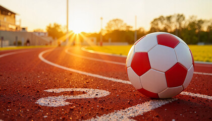 Soccer ball resting on track under sunset, sports training atmosphere