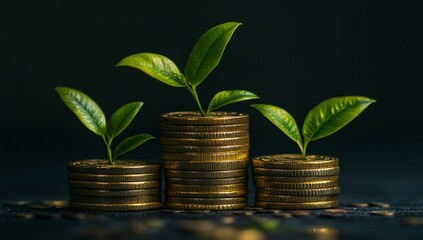 A portrait of a stack of golden coins with a growing plant on top, isolated against a black background.