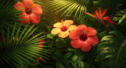 Vibrant hibiscus blossoms bathe in warm sunlight amongst lush tropical foliage creating a serene jungle scene.. AI Generated