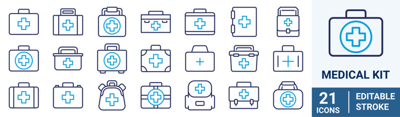 Medical kit web blue line icon set. First aid kit. Emergency Medical Kits and Equipment Icon Set for Healthcare