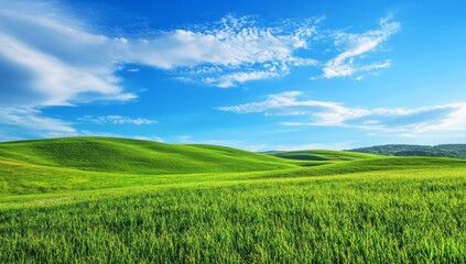 Fototapeta premium Beautiful green hills and a blue sky background.