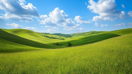 Obraz premium Beautiful green hills and a blue sky background.