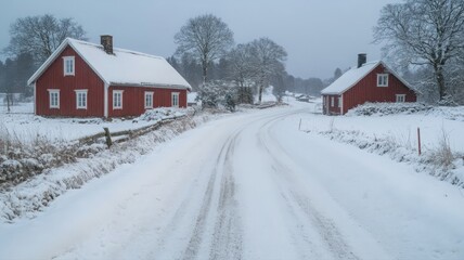 Snowy Road to Red Houses in Winter Landscape