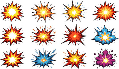  A collection of colorful cartoon explosion icons in various styles and colors on a dark background, perfect for artistic or illustrative design projects