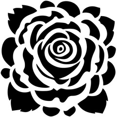 Idea for tattoo. Black and white rose with a stem. The rose is the main focus of the image. The flower is surrounded by leaves, which are also black and white. Scene is elegant and sophisticated
