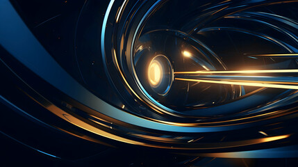 A mesmerizing cosmic swirl of deep blues and warm golds, a captivating journey into the heart of a technological marvel with sleek metallic curves and glowing energy.