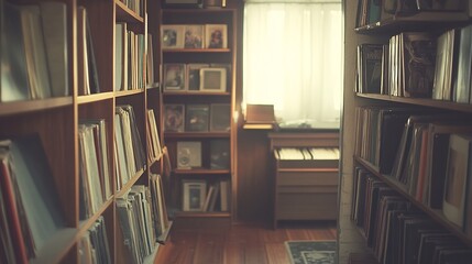 Retro vinyl record collector organizing shelf nostalgic living room hipster aesthetic