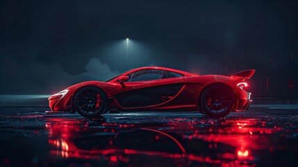 Bold, sleek sports car emerges from darkness, dynamic design accentuated by dramatic lighting