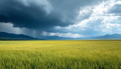 Fototapeta premium A large green field with dark storm clouds in the background and mountains in the distance.
