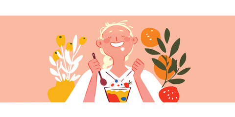 Fototapeta premium A cheerful woman savors a bowl of fresh fruit, embracing a healthy lifestyle amid vibrant floral and botanical elements in an illustrated image, capturing a moment of pure happiness.