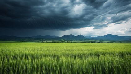 Obraz premium A large green field with dark storm clouds in the background and mountains in the distance.