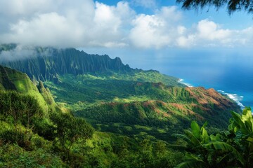 Obraz premium Lush valley landscape with dramatic mountains and ocean views