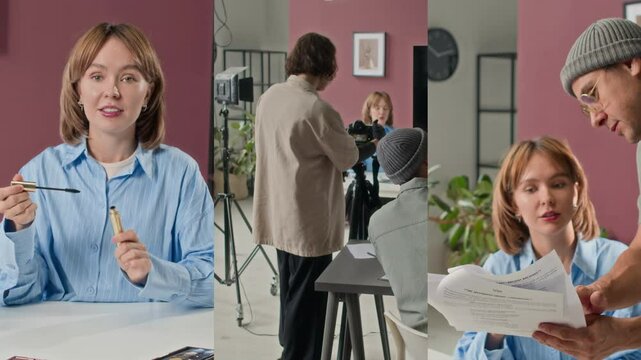 Split screen of woman doing her make-up, being filmed by person operating camera, film director discussing scrip with actress