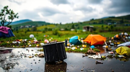 Fototapeta premium Trash filled campground after a music festival in rainy weather