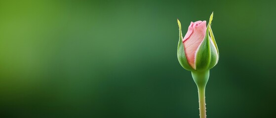 Close-up of a single pink rose bud on a stem. the bud is in the process of opening, with the petals slightly curled at the edges. the stem is long and thin, with a pointed tip.