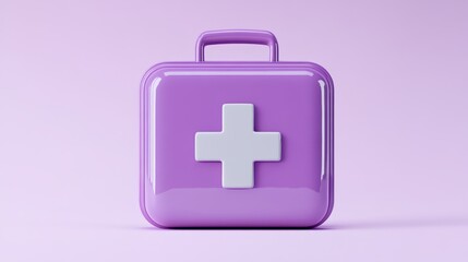 A purple first aid kit with a prominent white cross sits against a soft pastel background. This convenient medical container symbolizes readiness for health emergencies
