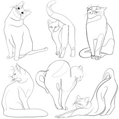 Minimalist cat - line art. Set of cat stickers. 6 pieces