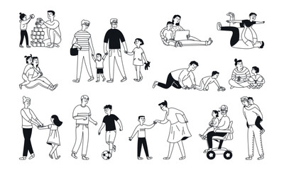 Set Grandparents and grandchildren, parents and children together. Active games and communication. Isolated doodle illustration