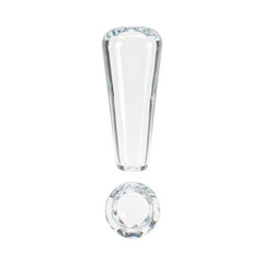 Shimmering glass exclamation mark symbolizing clarity and light against a pristine white backdrop