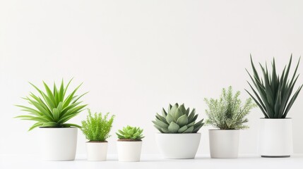 A collection of indoor plants displayed in simple white pots on a light-colored shelf. Various types of succulents and leafy plants create a refreshing and calming atmosphere