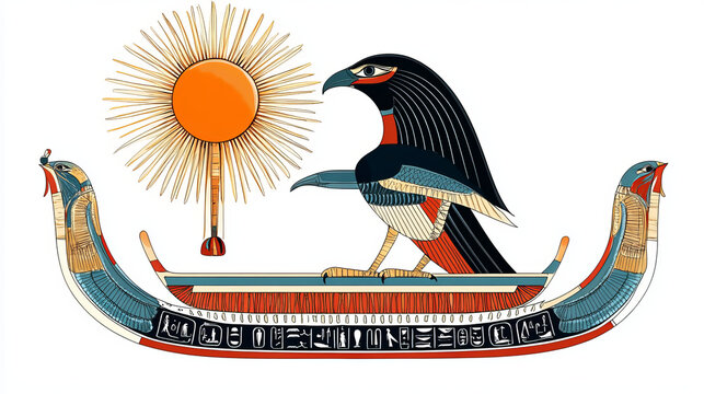 Ancient Egypt sun god Ra or Horus cartoon vector illustration. Egyptian culture religious symbols, ancient god-falcon in night and day boats, sacred birds, isolated on white background