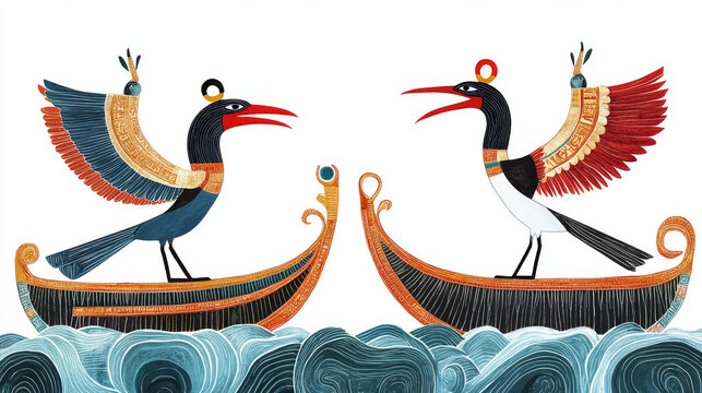 Ancient Egypt sun god Ra or Horus cartoon vector illustration. Egyptian culture religious symbols, ancient god-falcon in night and day boats, sacred birds, isolated on white background