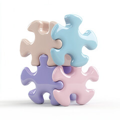 Obraz premium Four glossy 3D puzzle pieces in pastel colors interlock, symbolizing teamwork and connection