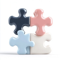 Obraz premium Four glossy 3D puzzle pieces in pastel colors interlock, symbolizing teamwork and connection