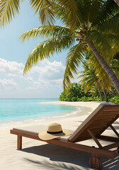 Fototapeta premium Tropical beach with palm trees. straw hat lies on sun loungers chair. clear blue sky, perfect for relaxation. Summer holiday vacation and travel concept. Relaxing seaside scene.
