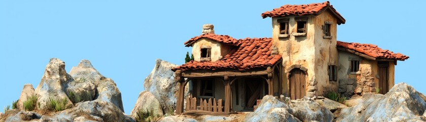 Small stone house on rocky mountainside