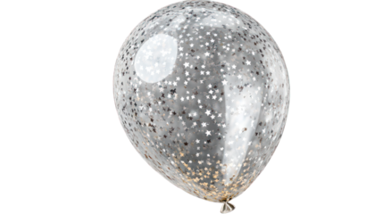 A translucent balloon filled with silver glitter and tiny stars on a transparent background